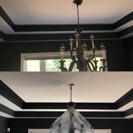 Dust-controlled popcorn ceiling scraping in Burlington Headon Forest home